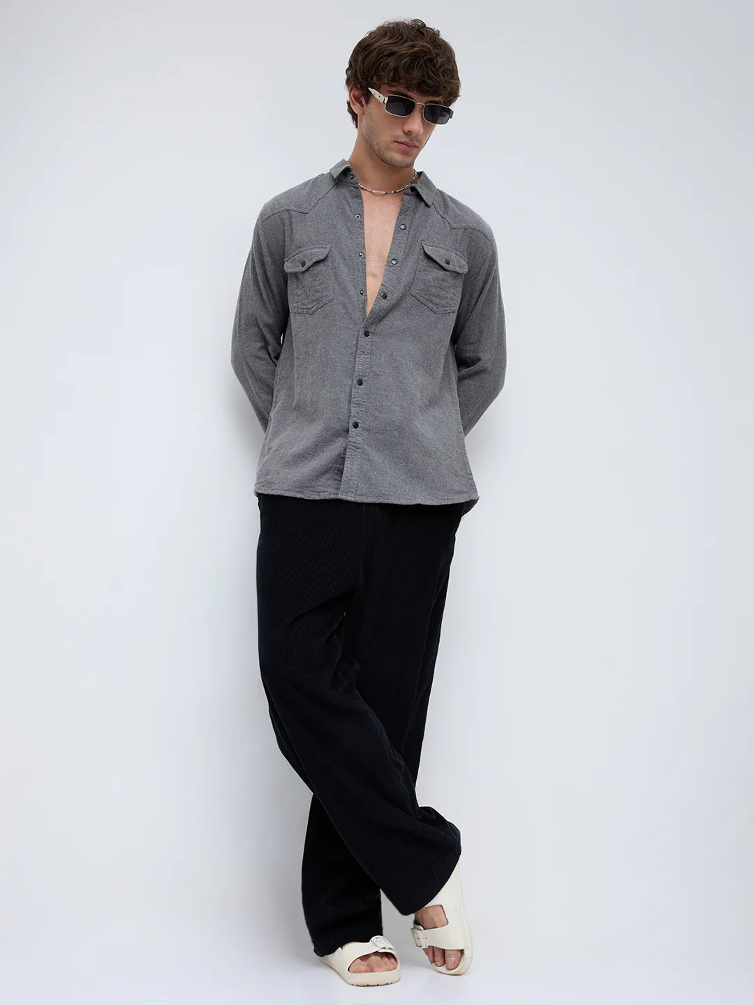 Solid Intense Grey Flannel Double Flap Pocket Shirt - Image 8