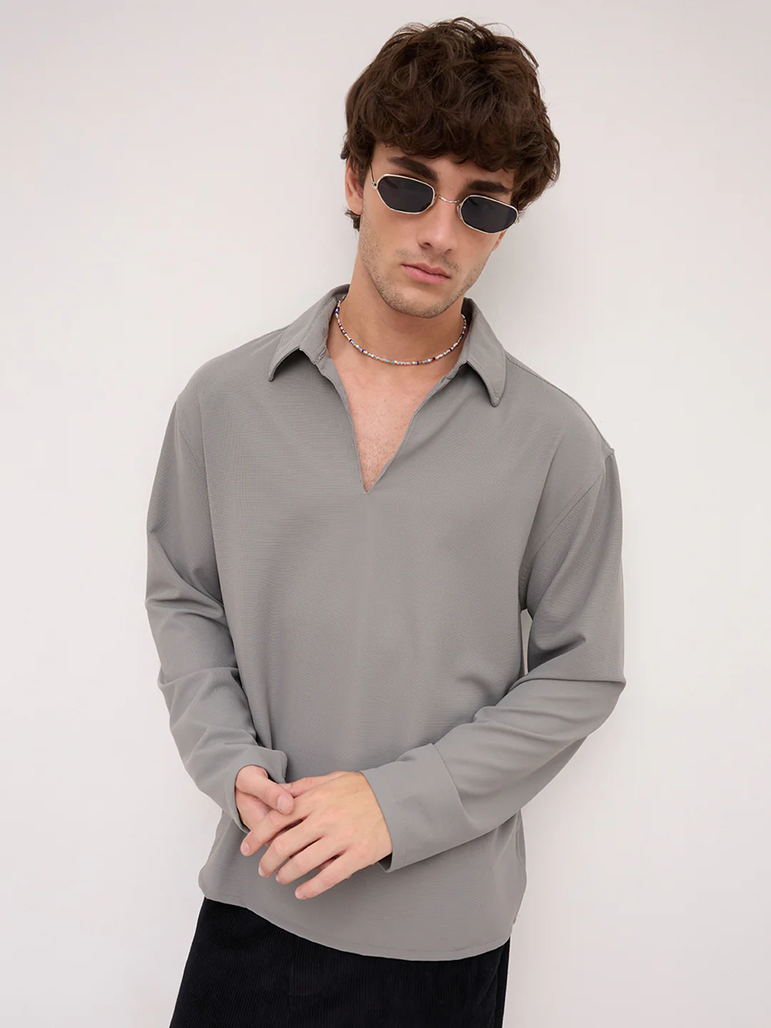 Spanish Grey Oversized Polo Tencel Knit Shirt