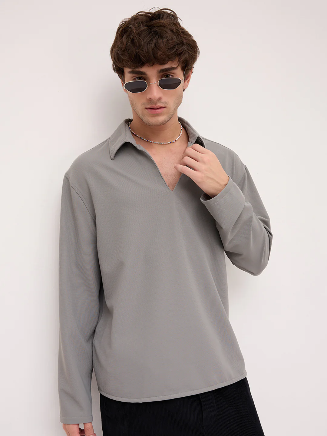 Spanish Grey Oversized Polo Tencel Knit Shirt - Image 2