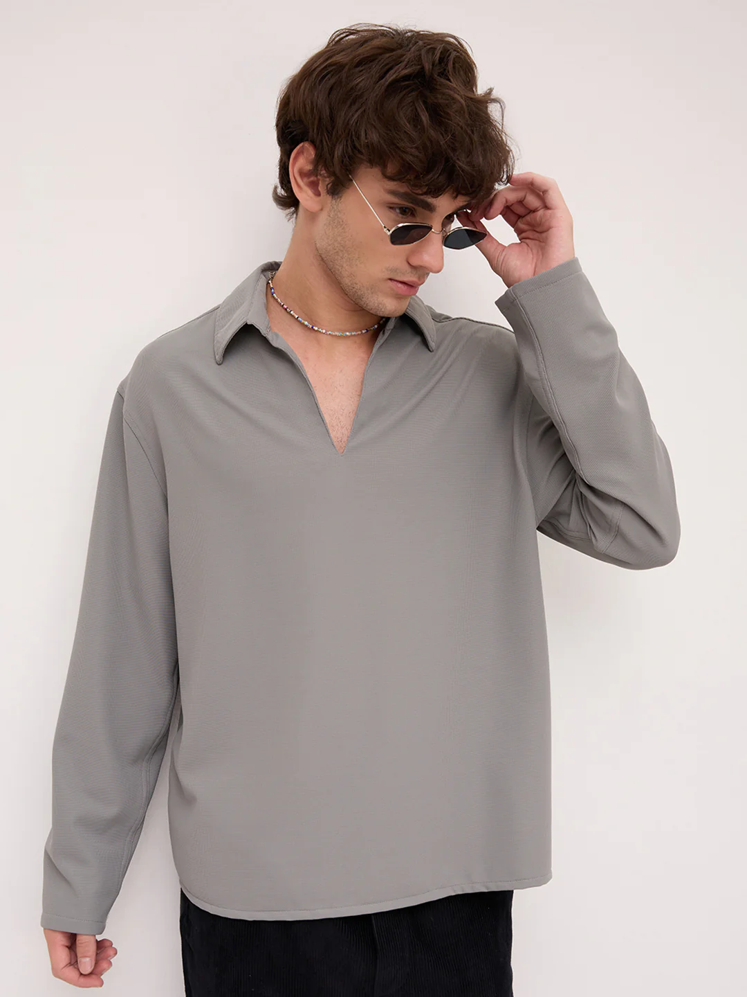 Spanish Grey Oversized Polo Tencel Knit Shirt - Image 4