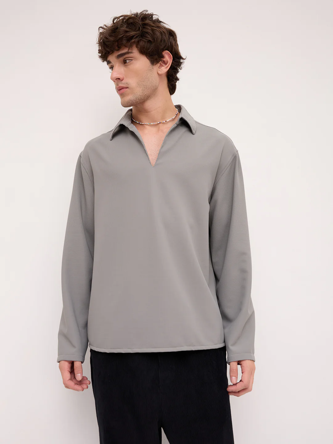 Spanish Grey Oversized Polo Tencel Knit Shirt - Image 5