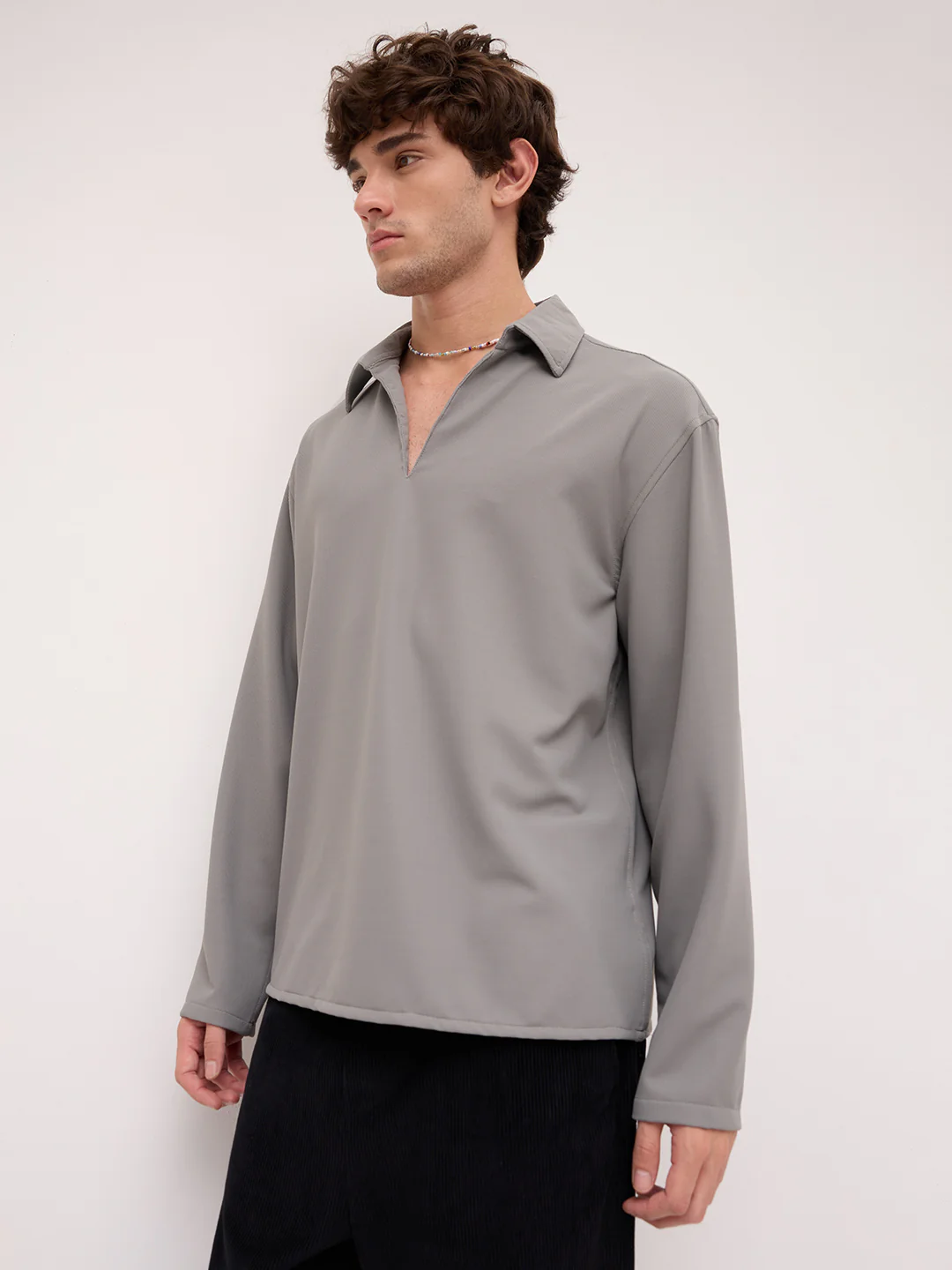 Spanish Grey Oversized Polo Tencel Knit Shirt - Image 6