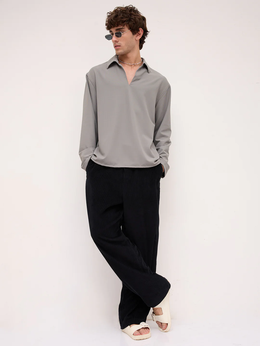 Spanish Grey Oversized Polo Tencel Knit Shirt - Image 8