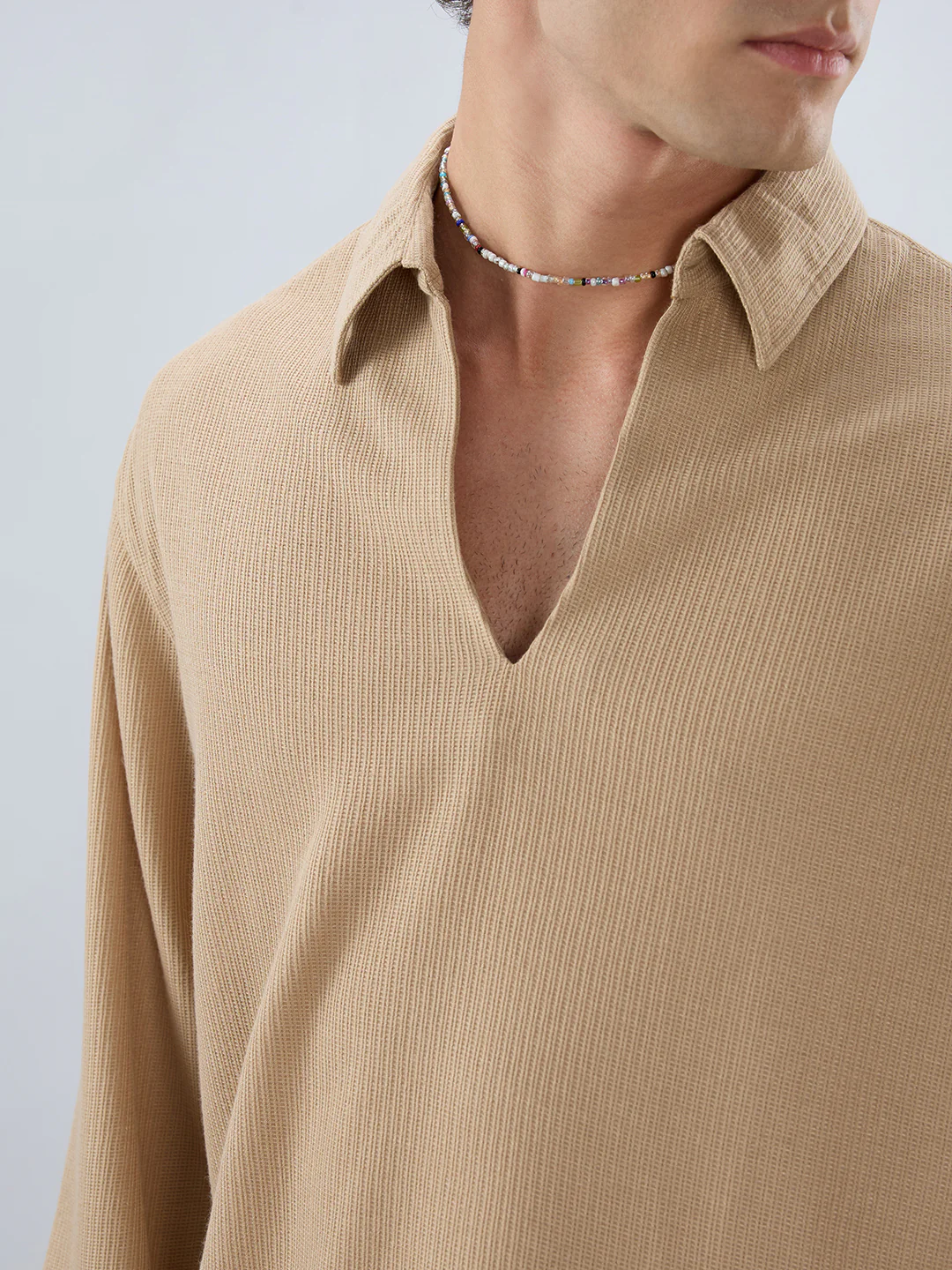 Tan Micro Weave Knitted Oversized Polo Shirt - Image 3