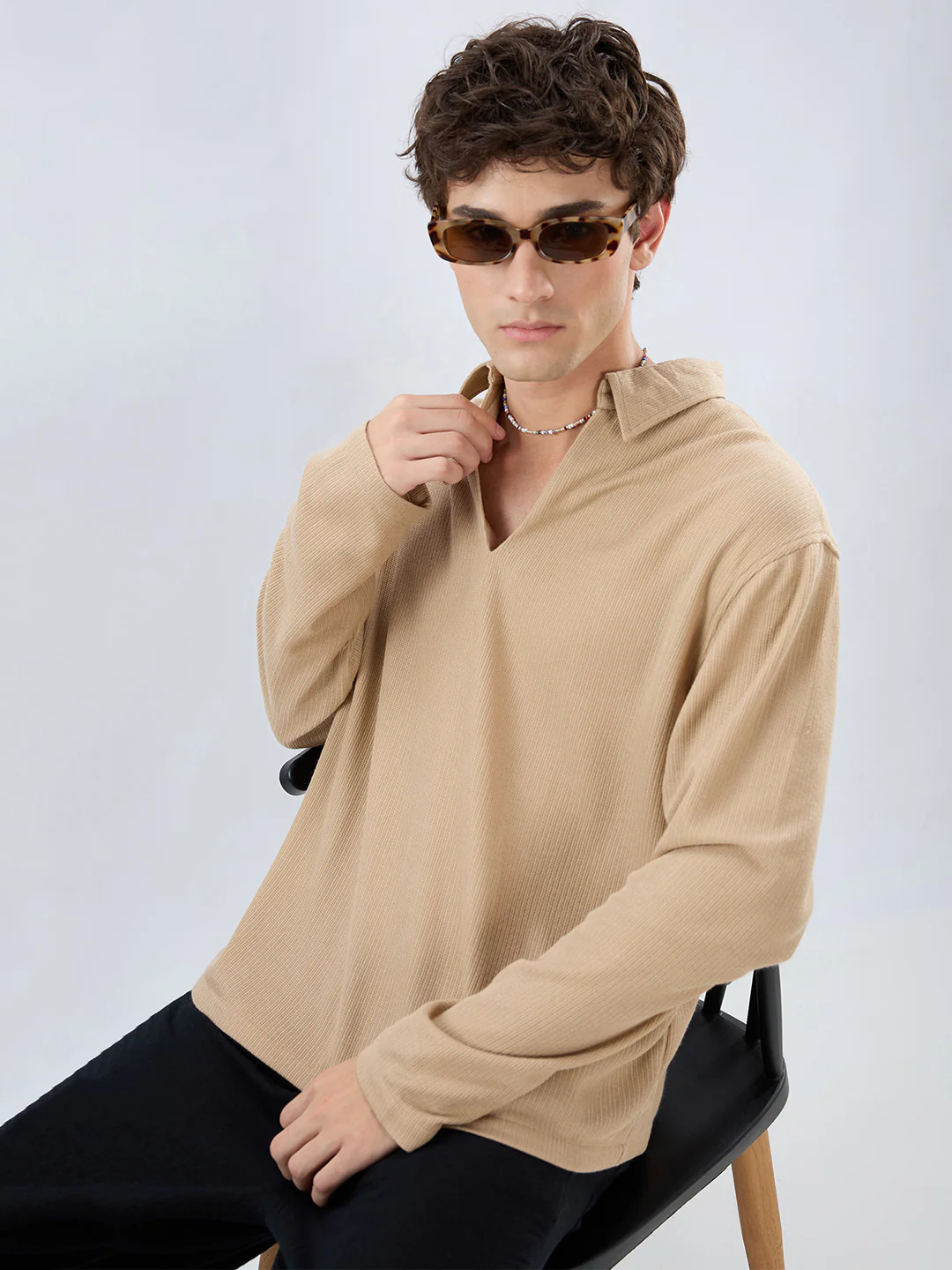 Tan Micro Weave Knitted Oversized Polo Shirt - Image 4