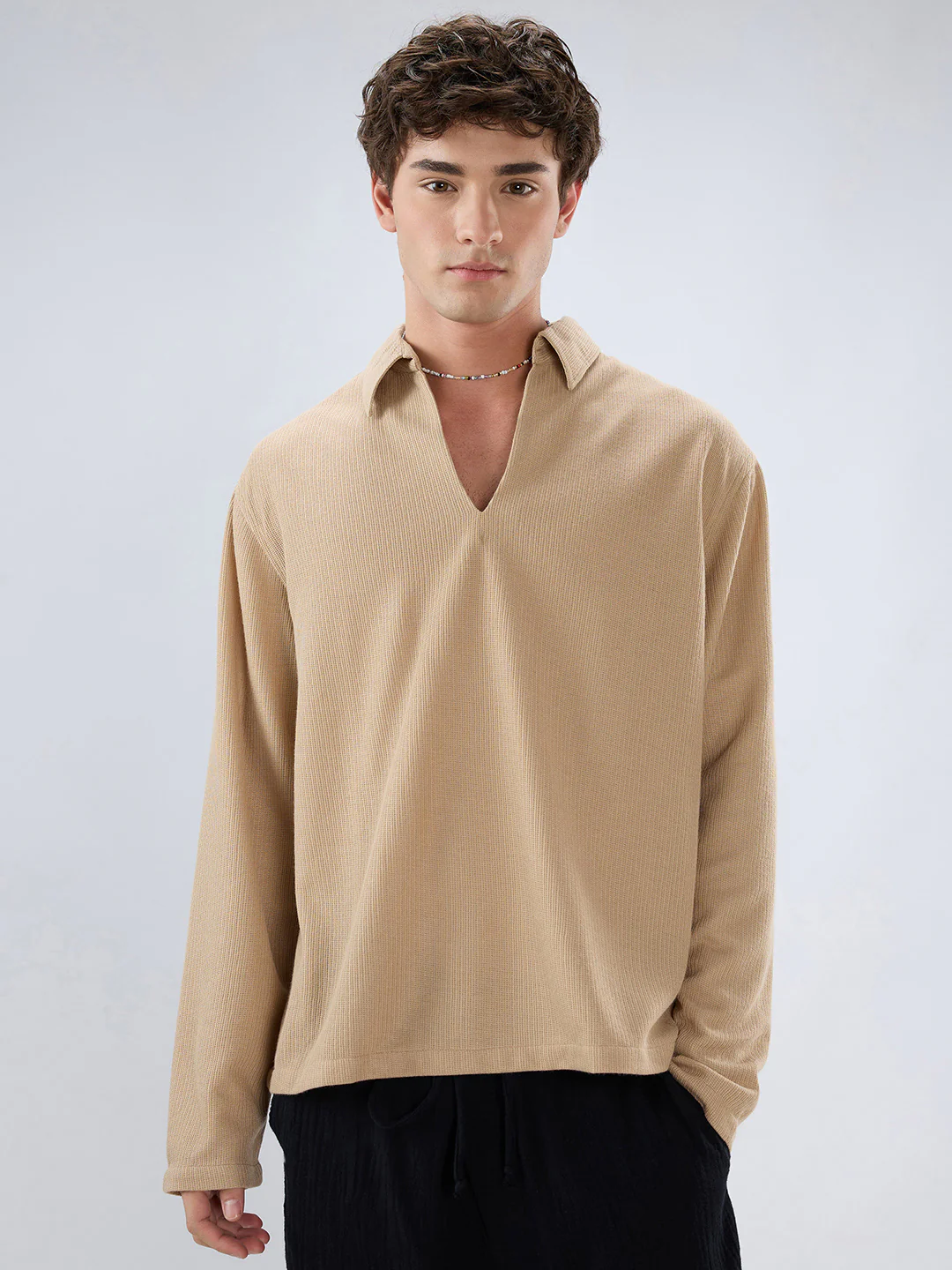 Tan Micro Weave Knitted Oversized Polo Shirt - Image 5