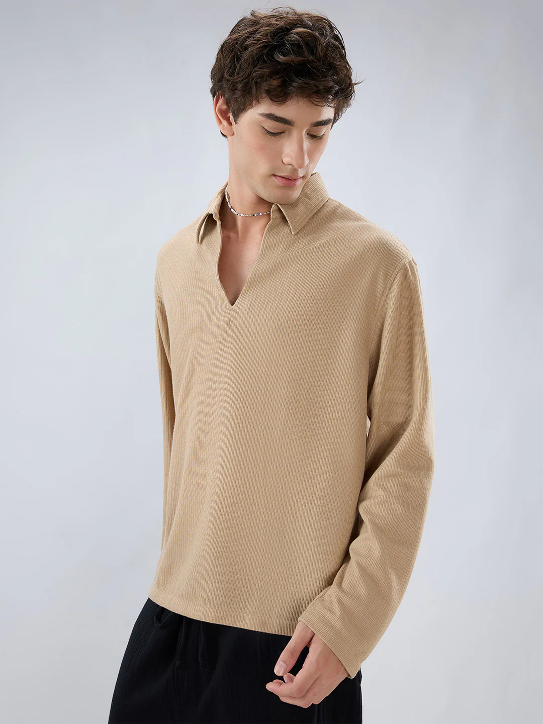 Tan Micro Weave Knitted Oversized Polo Shirt - Image 6