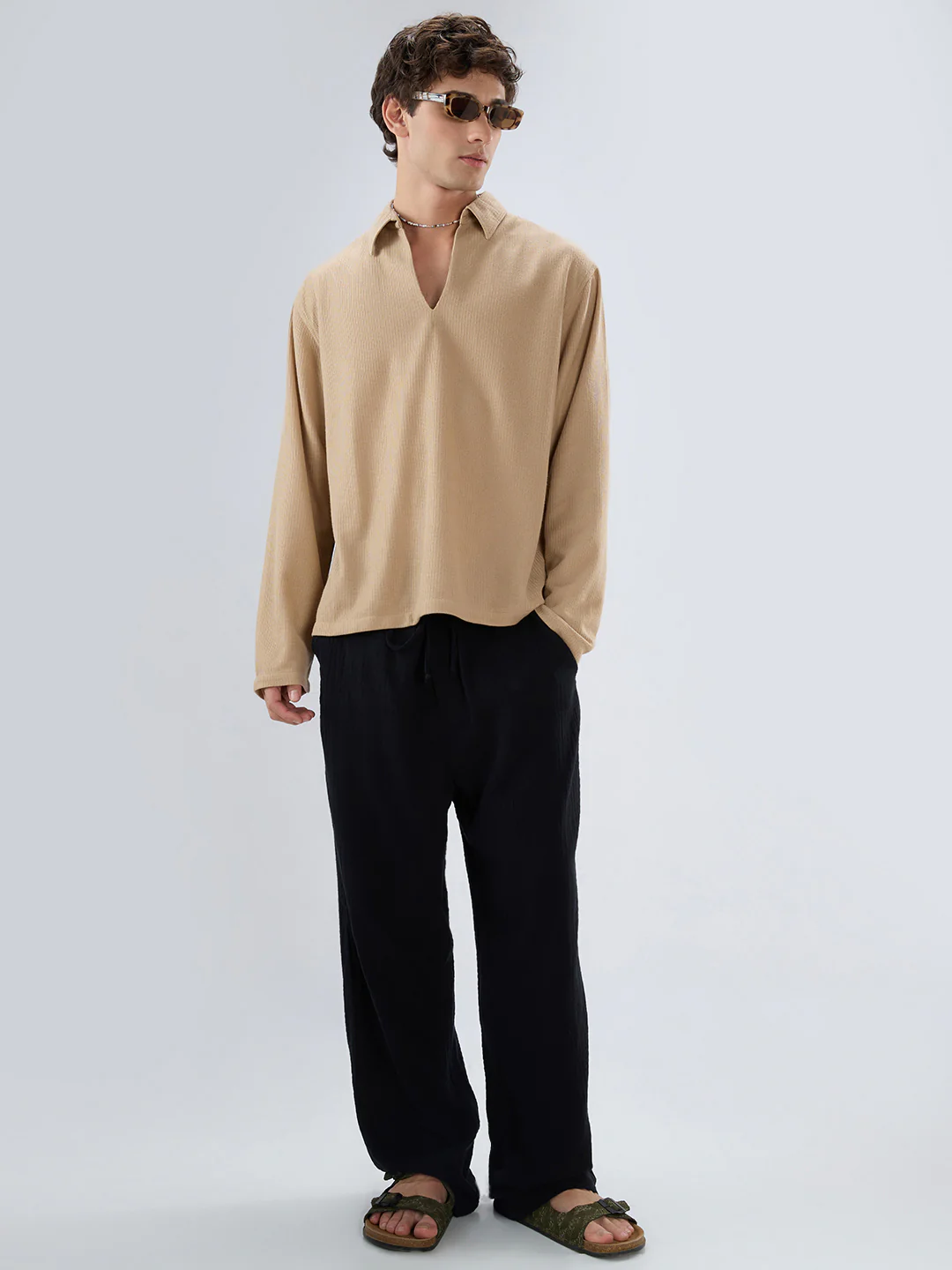 Tan Micro Weave Knitted Oversized Polo Shirt - Image 8