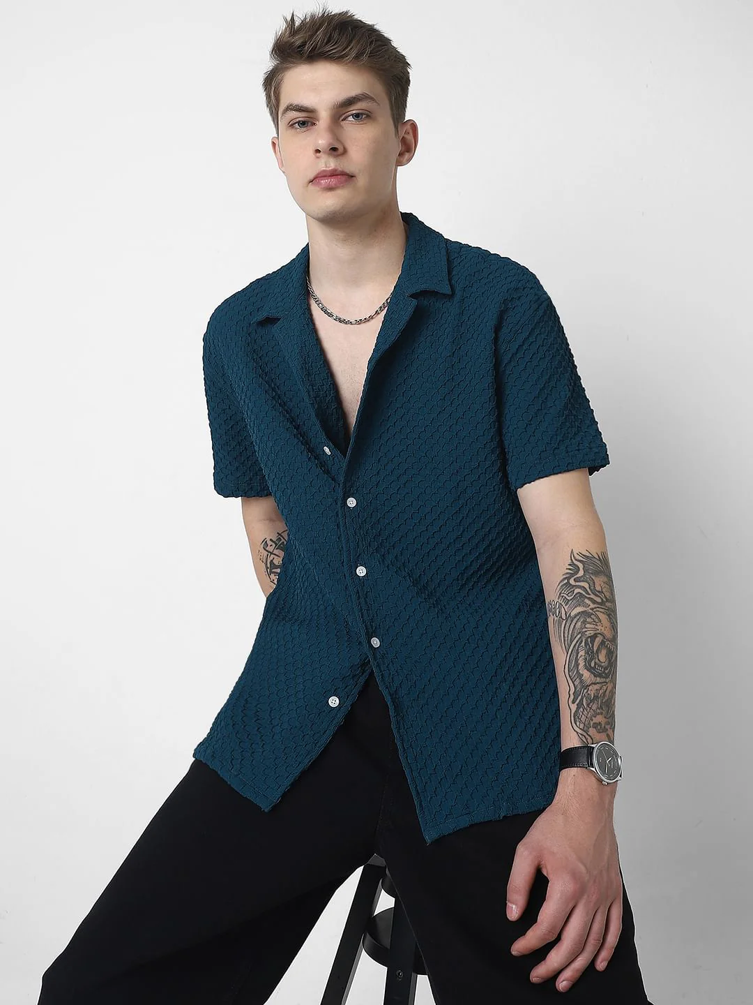 Teal Embossed Patterned Oversized Shirt - Image 4