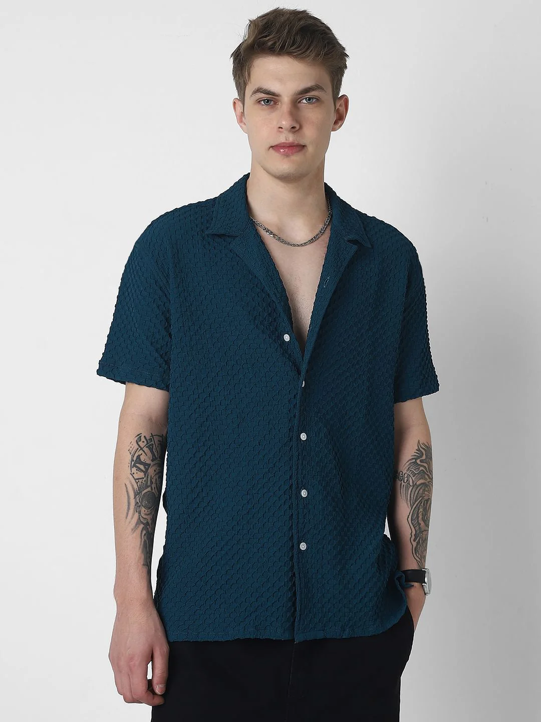 Teal Embossed Patterned Oversized Shirt - Image 5