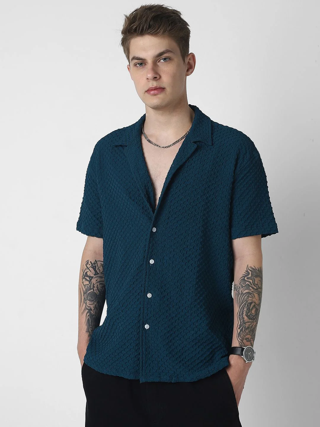 Teal Embossed Patterned Oversized Shirt - Image 6
