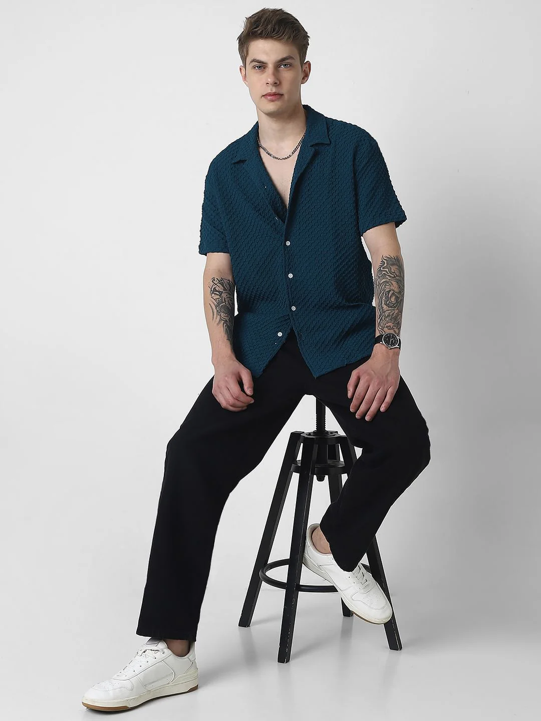 Teal Embossed Patterned Oversized Shirt - Image 8