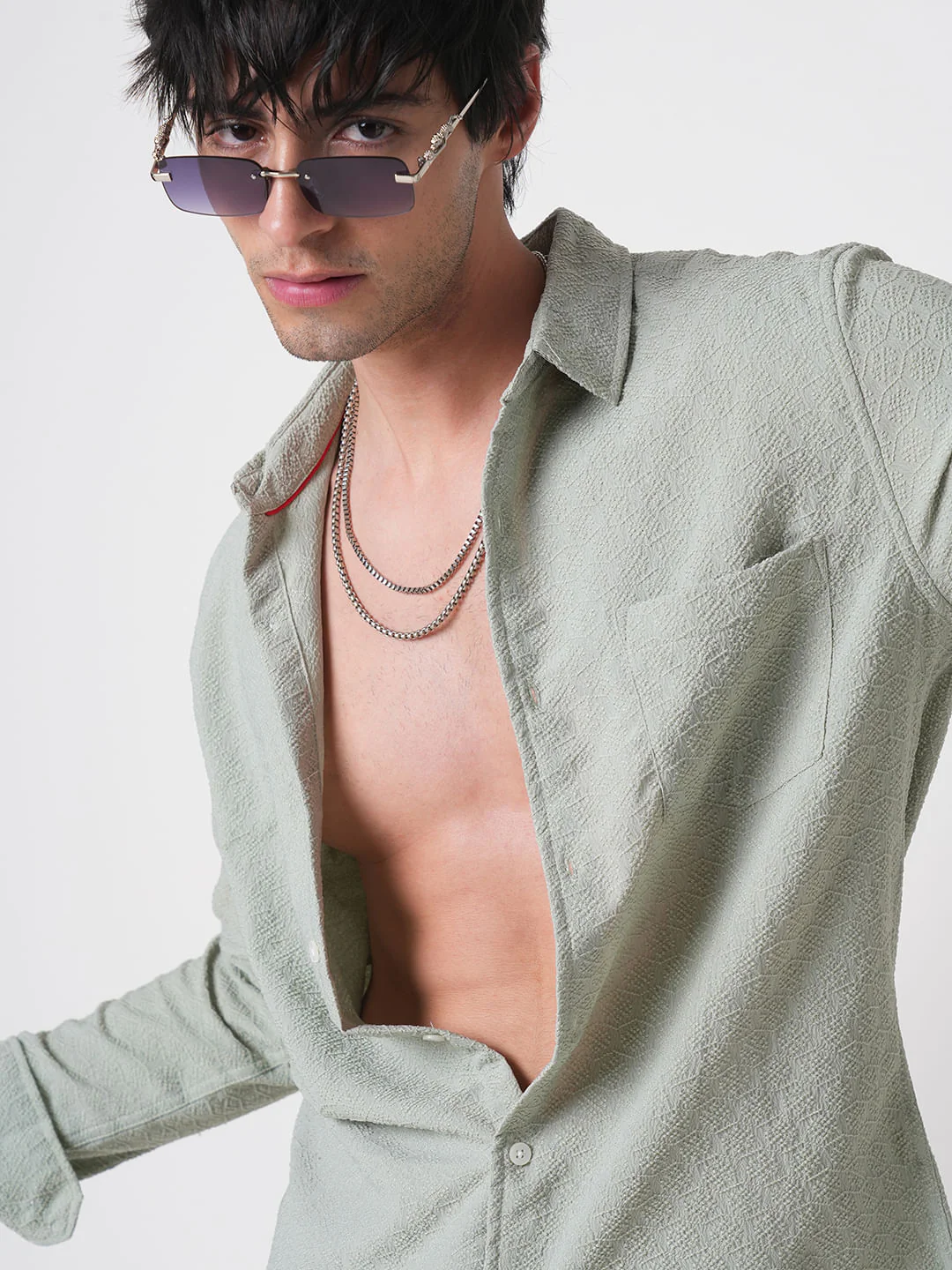 Wavy Textured Sage Green Jacquard Shirt - Image 2