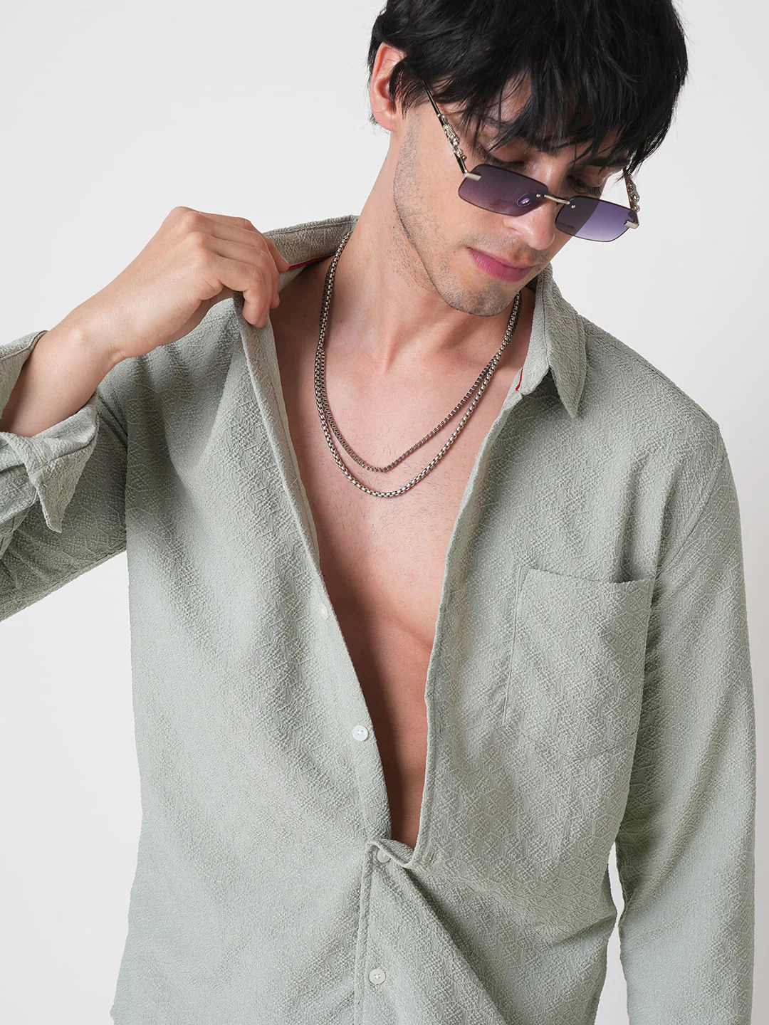 Wavy Textured Sage Green Jacquard Shirt - Image 3