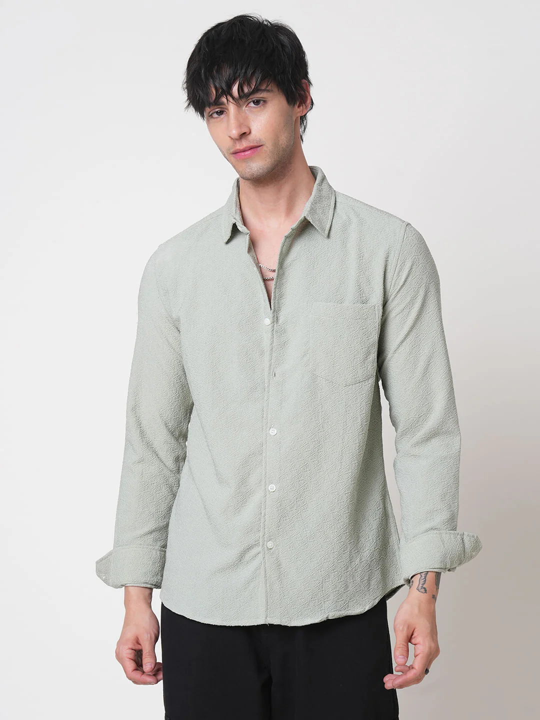 Wavy Textured Sage Green Jacquard Shirt - Image 5