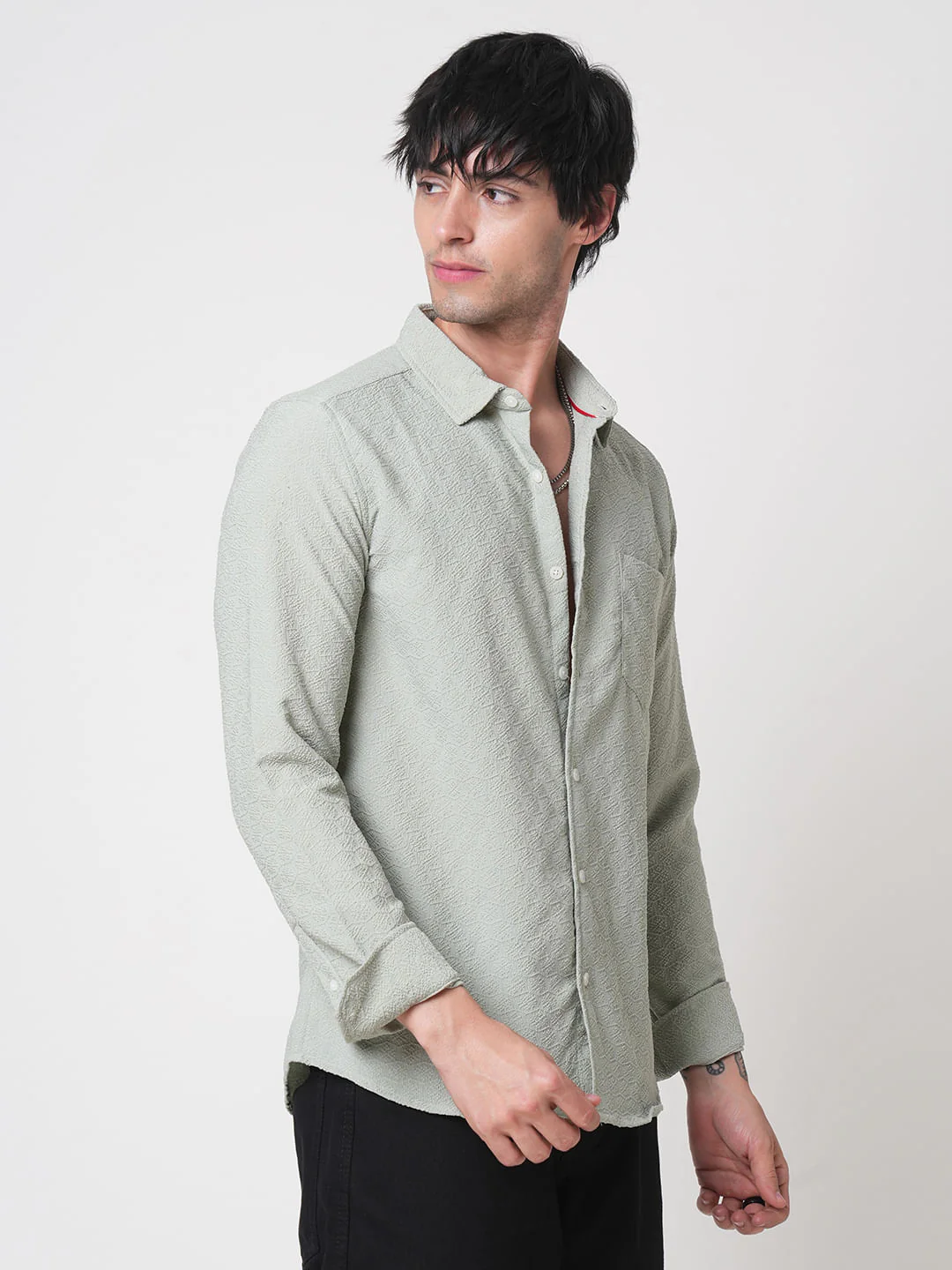 Wavy Textured Sage Green Jacquard Shirt - Image 6