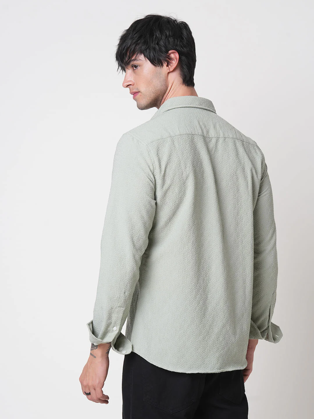 Wavy Textured Sage Green Jacquard Shirt - Image 7