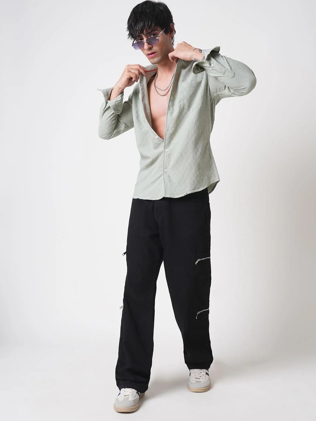 Wavy Textured Sage Green Jacquard Shirt - Image 8