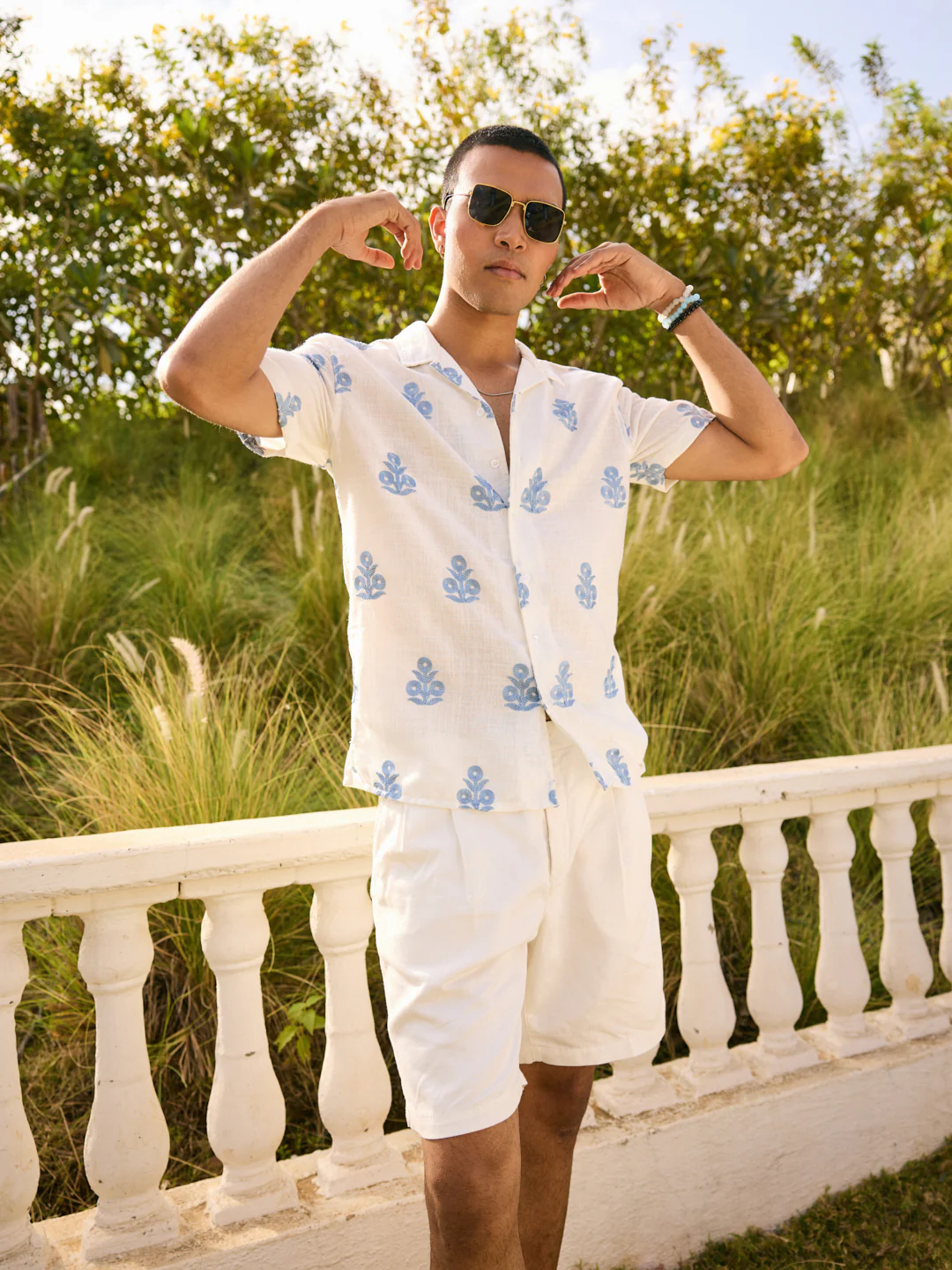 White & Blue Embroidered Notch Collar Oversized Shirt - Image 3