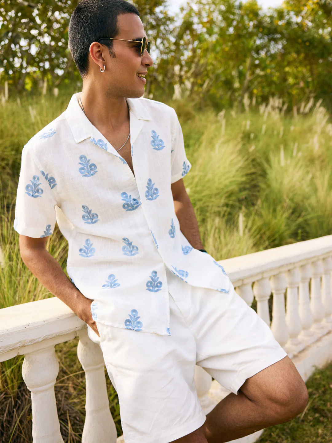 White & Blue Embroidered Notch Collar Oversized Shirt - Image 4