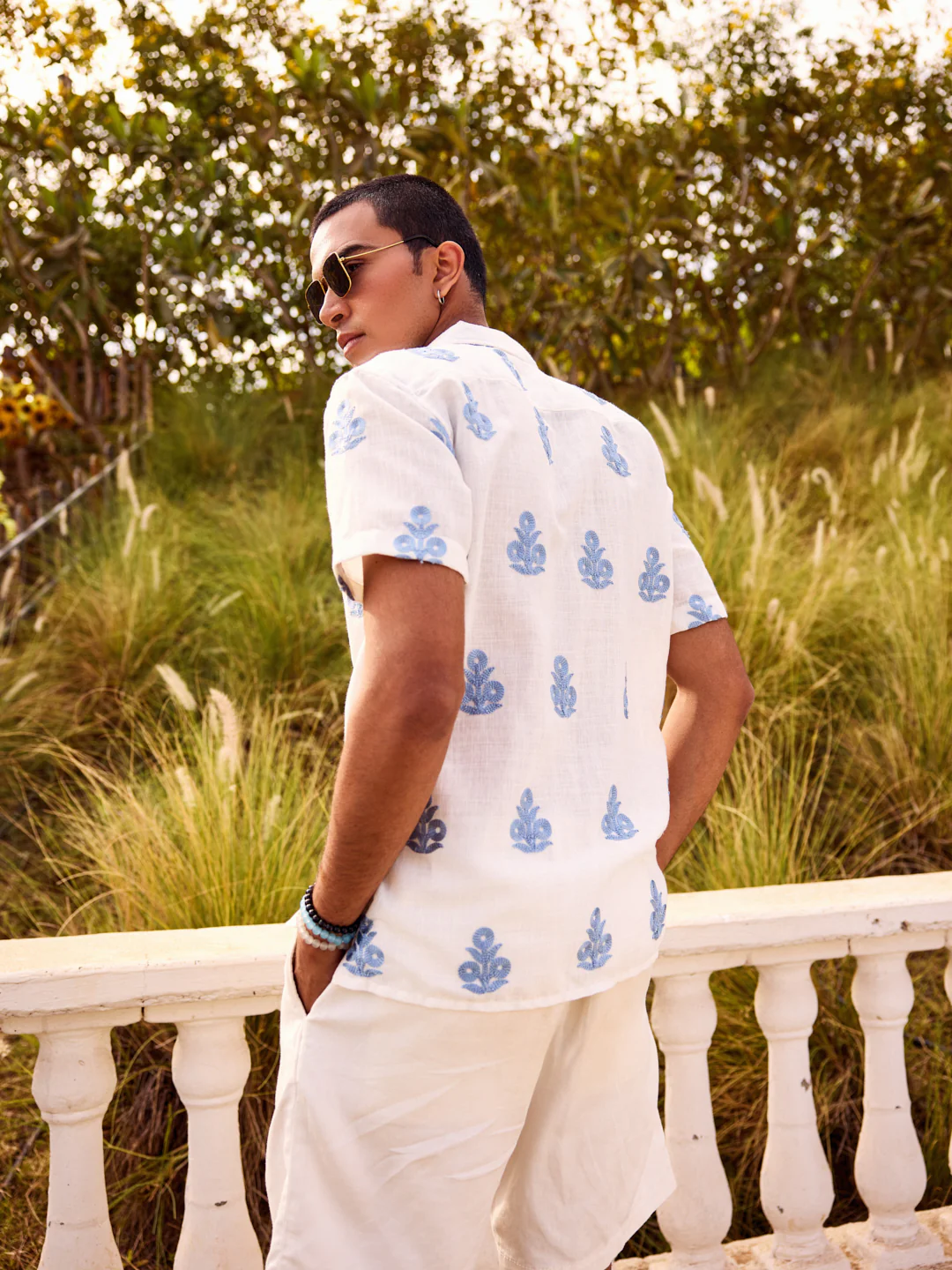 White & Blue Embroidered Notch Collar Oversized Shirt - Image 5