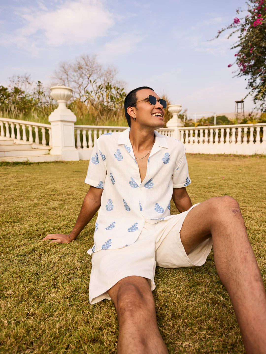 White & Blue Embroidered Notch Collar Oversized Shirt - Image 6