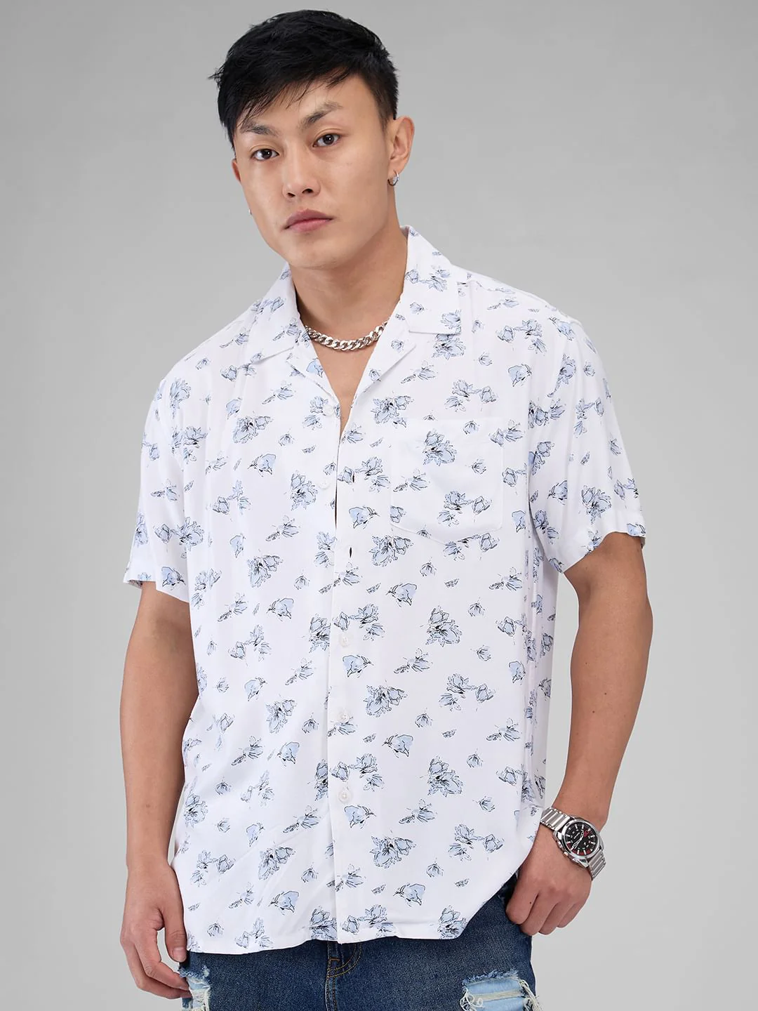 White Floral Printed Notch Collar Oversized Shirt - Image 4