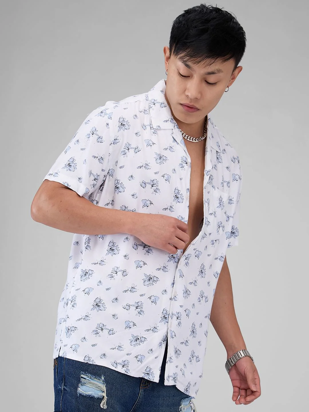 White Floral Printed Notch Collar Oversized Shirt - Image 5