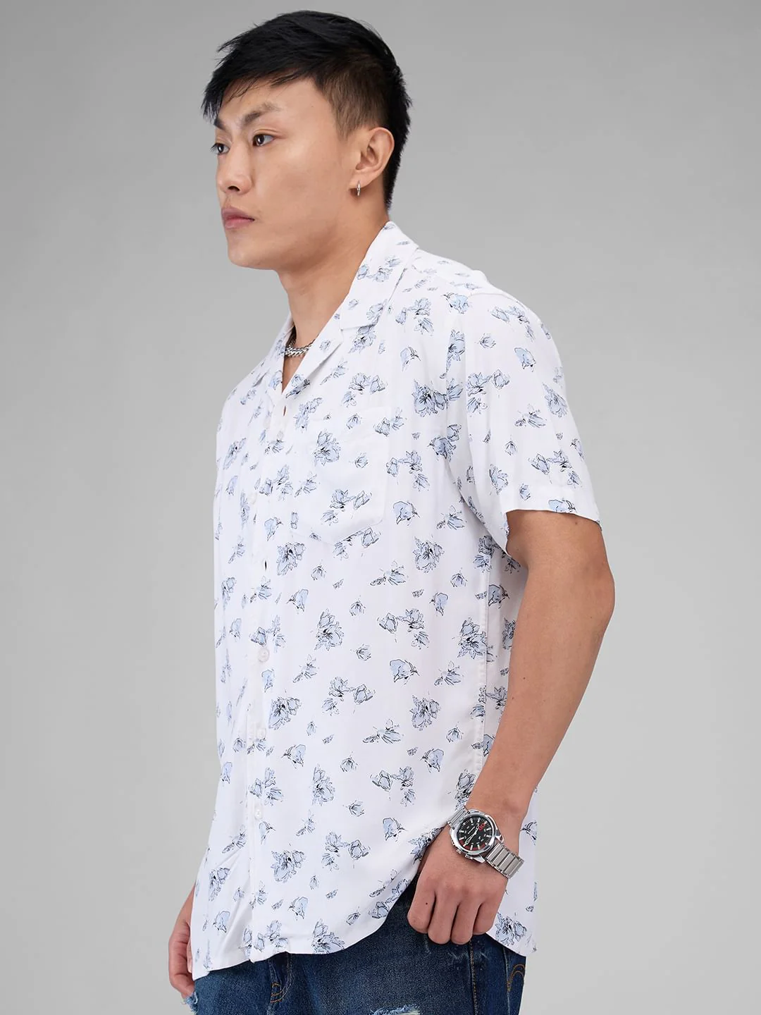White Floral Printed Notch Collar Oversized Shirt - Image 6
