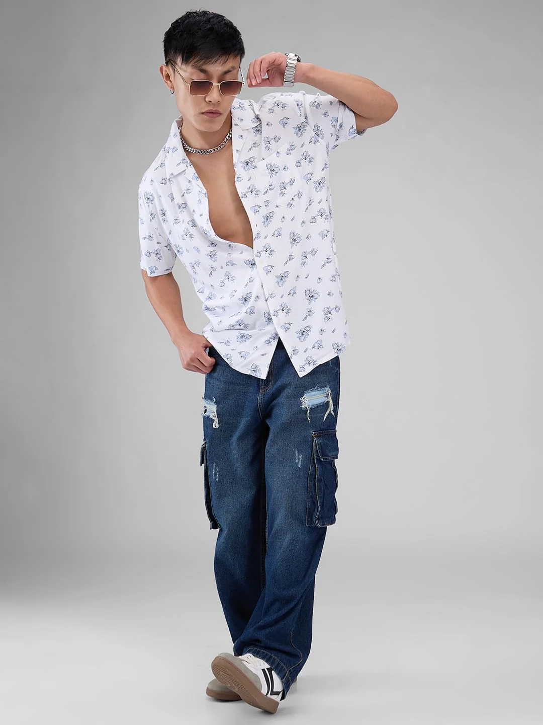 White Floral Printed Notch Collar Oversized Shirt - Image 8